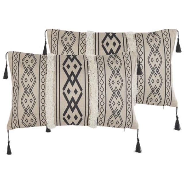 Beliani Set Of 2 Decorative Cushions Pulmonaria 30 X 50 Cm Beige Geometric Pattern