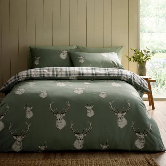 Catherine Lansfield Stag Check Reversible Duvet Cover Set Soft Soft Green unisex Single