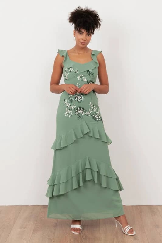 Maya Deluxe Womens Embellished Ruffle Maxi Dress in Light Green Size: 8 Light Green Female 8