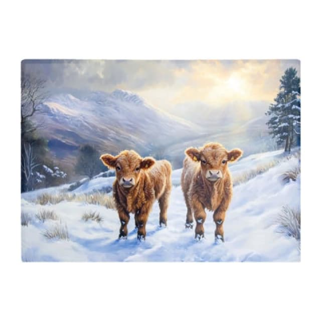 Warren Reed Designer Due Of Baby Highland Cows Glass Chopping Board