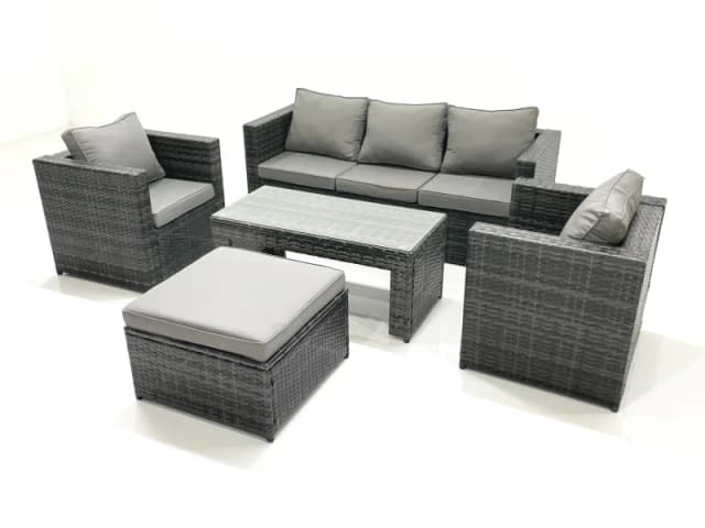 Fimous Rattan Garden Furniture Set Outdoor Lounger Sofa with Coffee Table 2 Armchair Big Footstool Dark Grey Mixed Dark Grey