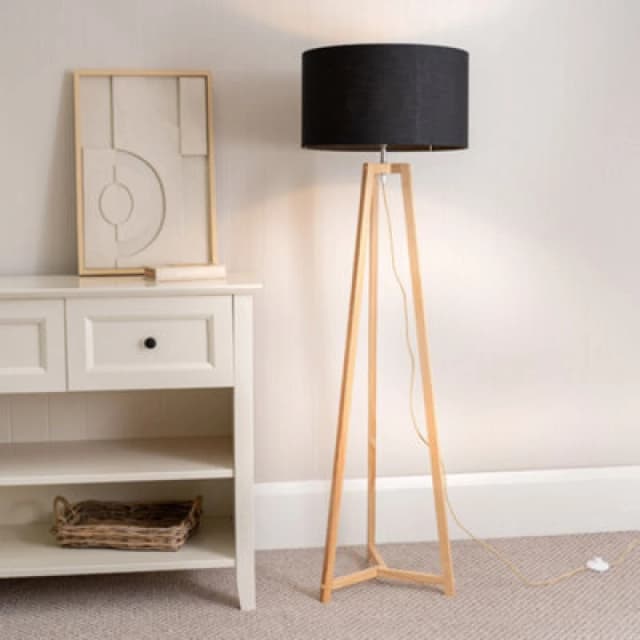 ValueLights Lottie Natural Wood Tripod Floor Lamp with Fabric Drum Shade Black