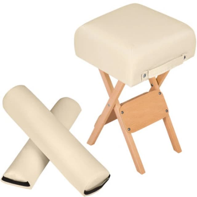 Tectake Stool & Bolster Cushion Set - Foldable, Padded, Wood And Faux Leather - Beige, 1