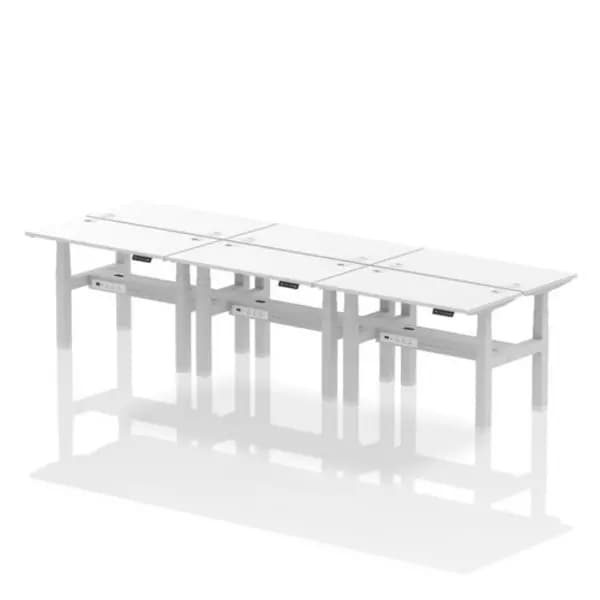 Air Air Back-to-Back 1200 x 600mm Height Adjustable 6 Person Bench Desk White Top with Cable Ports Silver Frame HASCP6P12600WHTS