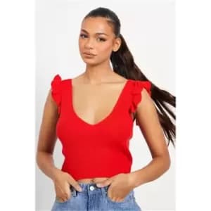 I Saw It First Red Flutter Sleeve Knitted Crop Top - Red