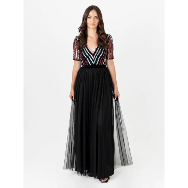 Maya Deluxe Maya Multi Stripe Embellished Black Maxi Dress with Velvet Sash Belt Black female 6 (2XS)