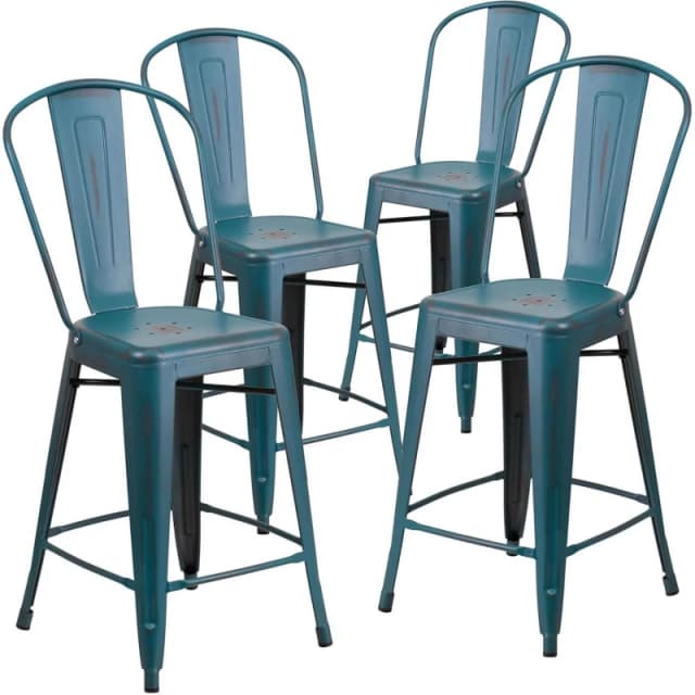 FWStyle FWStyle Set Of 4 24" Blue Teal Distressed Bar Stools Galvanised Steel Blue One Size Unisex 5056413129833