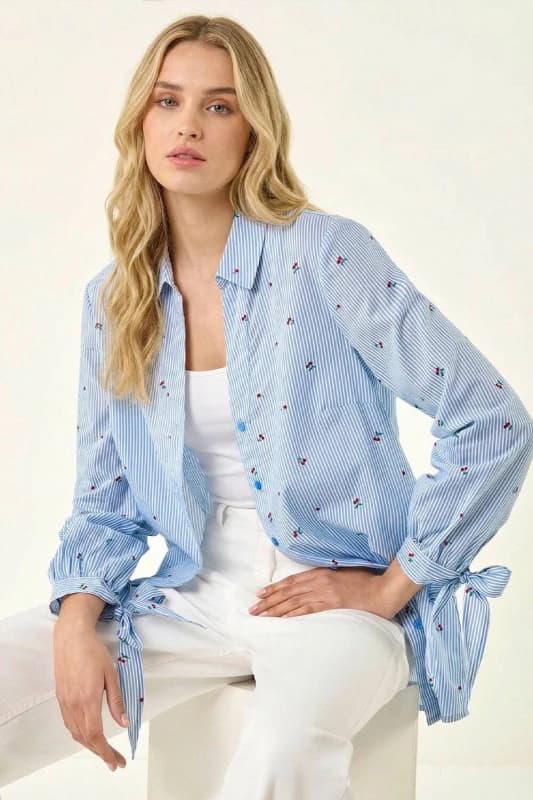 Roman Womens Cherry Stripe Cotton Shirt in Blue Size: 20 Blue Female 20