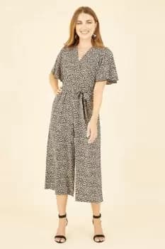 Brown Animal Print Jumpsuit With Angel Sleeves
