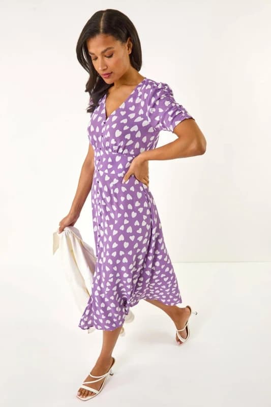 Roman Womens Heart Print Ruched Midi Dress in Lilac Size: 16 Lilac Female 16