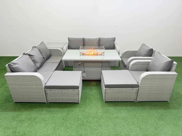 Fimous PE Rattan High Back Lounge Sofa Set Patio Firepit Dining Table & Chairs Set with 3 Seater Sofa Reclining Chair 2 Big Footstool Side Table Light