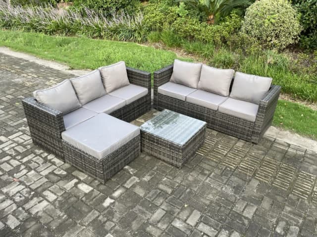 Fimous Wicker Rattan Garden Furniture Sofa Set with Square Coffee Table Big Footstool 7 Seater Outdoor Rattan Set Dark Grey