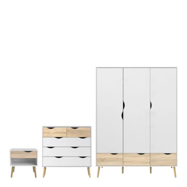 Furniture To Go Oslo 3 Piece Bundle, Bedside, Chest And 3 Door 3 Drawers Wardrobe In White And Oak