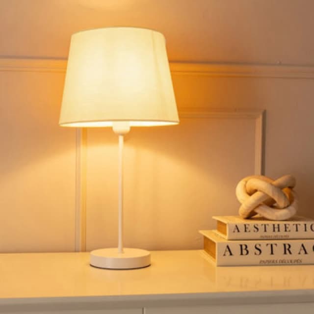 ValueLights Charlie White Single Stem Table Lamp with Fabric Tapered Lamp Shade and LED Bulb Beige