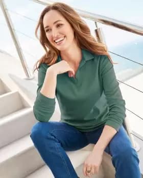 Cotton Traders Womens Wrinkle Free Long Sleeve Polo Top in Green