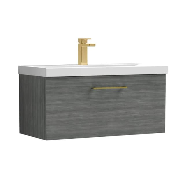 Balterley 800mm Wall Hung 1 Drawer Vanity, Woodgrain Anthracite, Brass Handle in Grey Grey Unisex