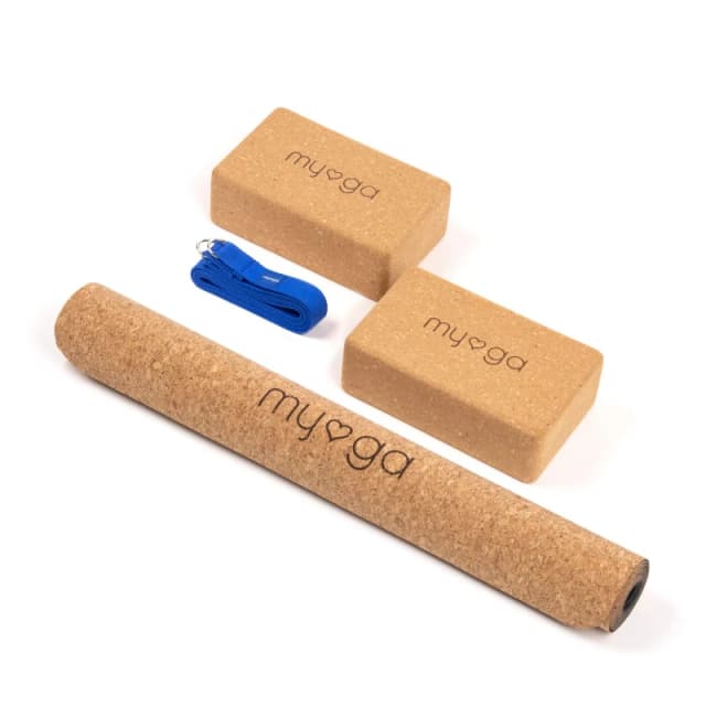 Myga Cork Yoga Mat; Pair Of Cork Blocks Strap Royal Blue RY1134-SET2