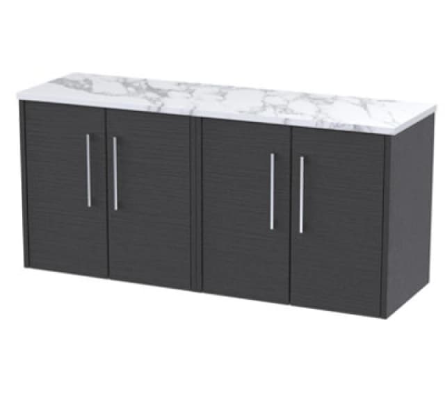 Nuie Hudson Reed Juno Wall Hung 4-Door Vanity Unit & Carrera Marble Worktop, Countertop Basin Unit In Graphite Grey Woodgrain, 1200mm