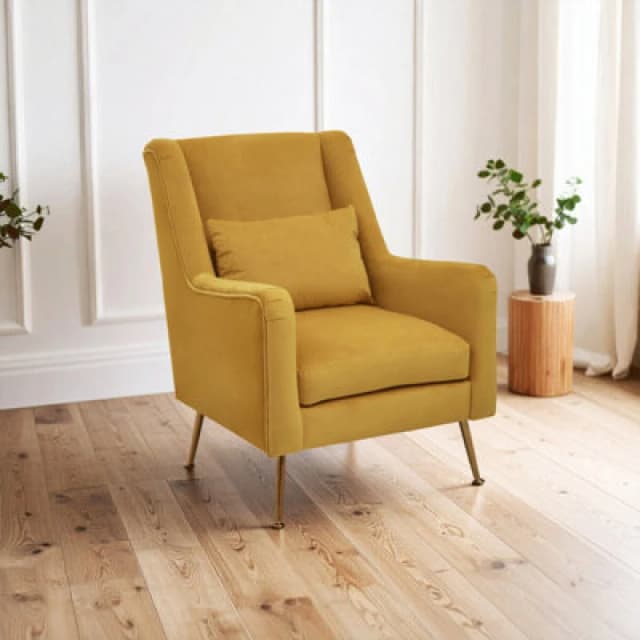 Orsina Yellow Velvet Armchair For Lounge, Angular Gold Leg Chair With Velvet Upholstery For Living Room, Home