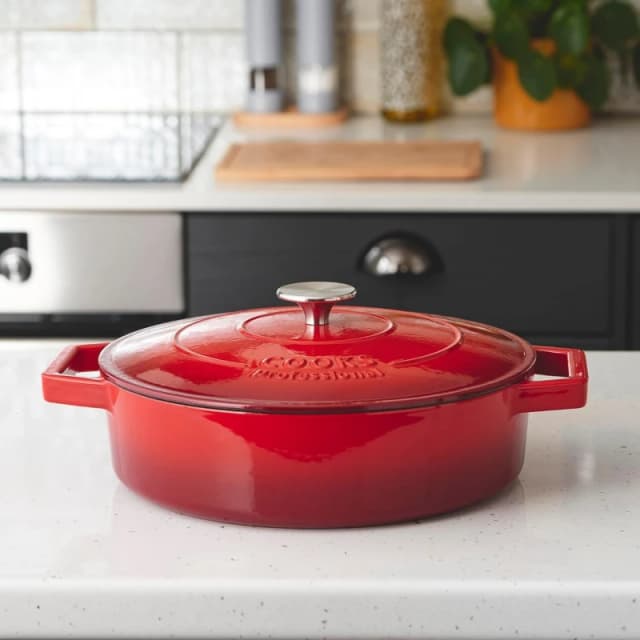 Cooks Professional Cast Iron Casserole Dish 28cm Oven Proof Enamelled Pan with Lid Red