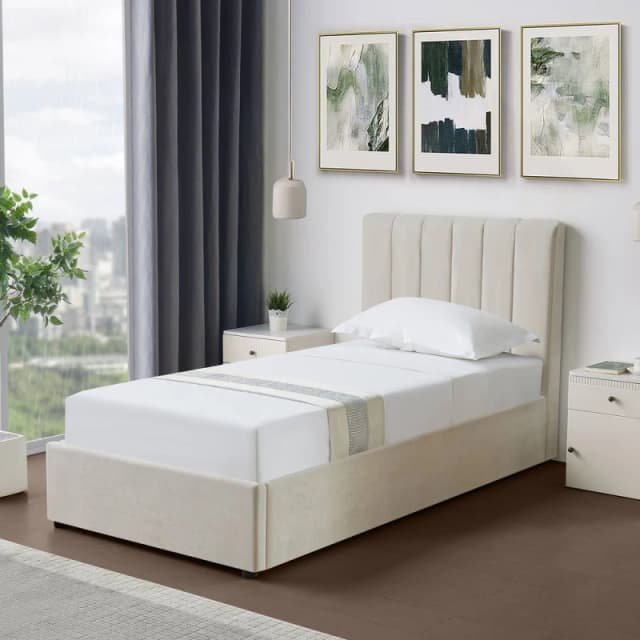 Artemis Home Evelynne Fabric 90cm Single Ottoman Bed Frame with Storage in Beige Beige Unisex Single