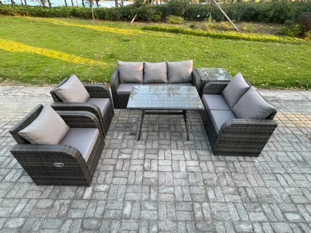 Fimous 7 Seater High Back PE Rattan Sofa Set Outdoor Garden Furniture Dining Table Set With Reclining Chair 3 Seater Sofa Dark Grey unisex