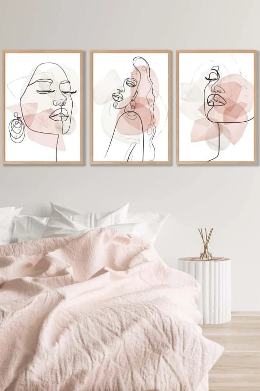 ARTZE Set of 3 Oak Framed One Line Abstract Fashion Faces in Pink & Ivory Wall Art in Light Pink Size: W45cm x H62cm x D20mm Light Pink Unisex W45