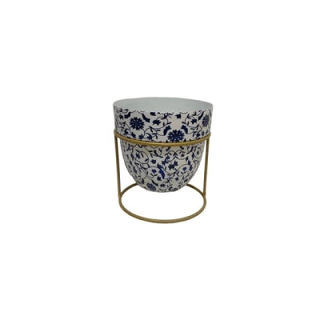 Minster Decorative Planter In Stand - Iron - L13 X W13 X H13cm - White/blue