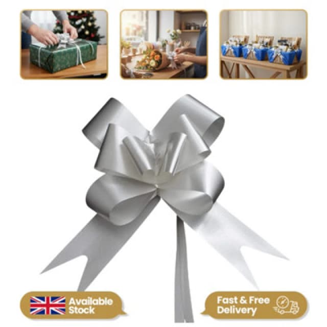 Shatchi Large 50mm/5cm Ribbon Pull Bows for All Occation Decoration , Silver, 10PK Silver unisex