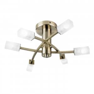 6 Light Semi Flush Multi Arm Ceiling Light Antique Brass Glass, G9