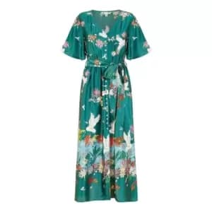 Yumi Green Satin Crane Print Shirt Dress - Green