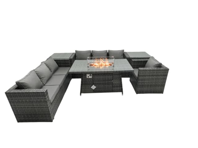 Fimous Rattan Garden Furniture Firepit Dining Set 7 Seater Lounge Sofa Table Set with 2 side table Dark Grey