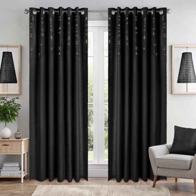 Luxury Living Triple Woven Blackout Velvet Ring Top Curtains With Cascading Diamante Studs 229Cm X 183Cm Black