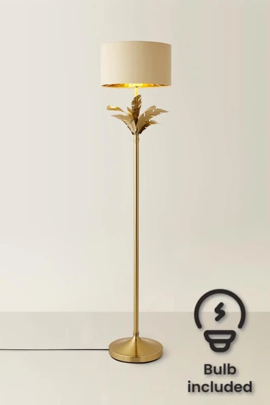 ValueLights ValueLights Christina Fabric with Gold Inner Drum Shade Gold Palm Leaf Floor Lamp with Bulb in Beige Beige One Size Unisex 5059406067419