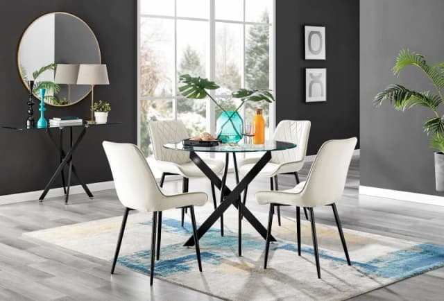 FurnitureboxUK FurnitureboxUK Novara 4 Seater Black Leg Round Glass Dining Table & 4 Pesaro Soft Velvet Black Leg Chairs in Cream Cream One Size Unise