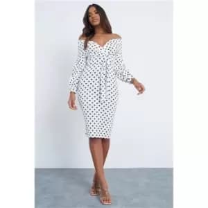 I Saw It First White Polka Dot Balloon Sleeve Bardot Wrap Bodycon Mini Dress - White