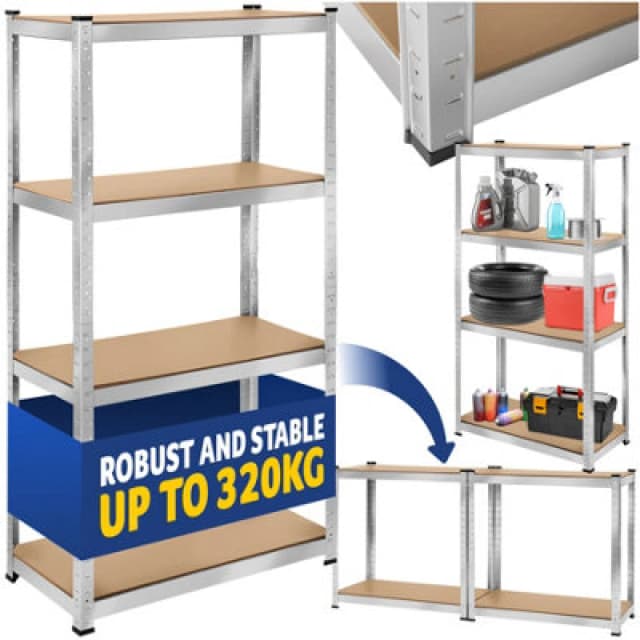 Tectake Garage Shelving - Heavy-Duty Galvanised Steel Frame, Height-Adjustable Shelves - 80 X 40 X 160 Cm - 320 Kg - Silver