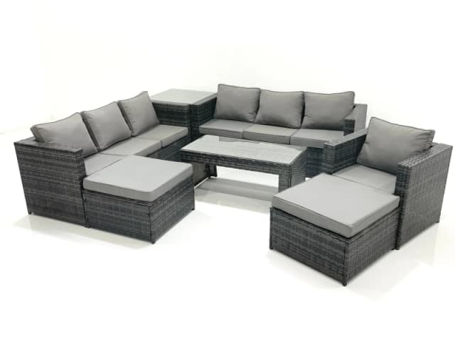 Fimous 9 Seater Rattan Garden Outdoor Furniture Set with 3 Seater Sofa Coffee Table 2 Big Footstool Side table Dark Grey