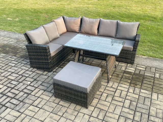 Fimous Outdoor Furniture Garden Dining Set Rattan Corner Sofa Set with Rectangular Dining Table Big Footstool Dark Grey