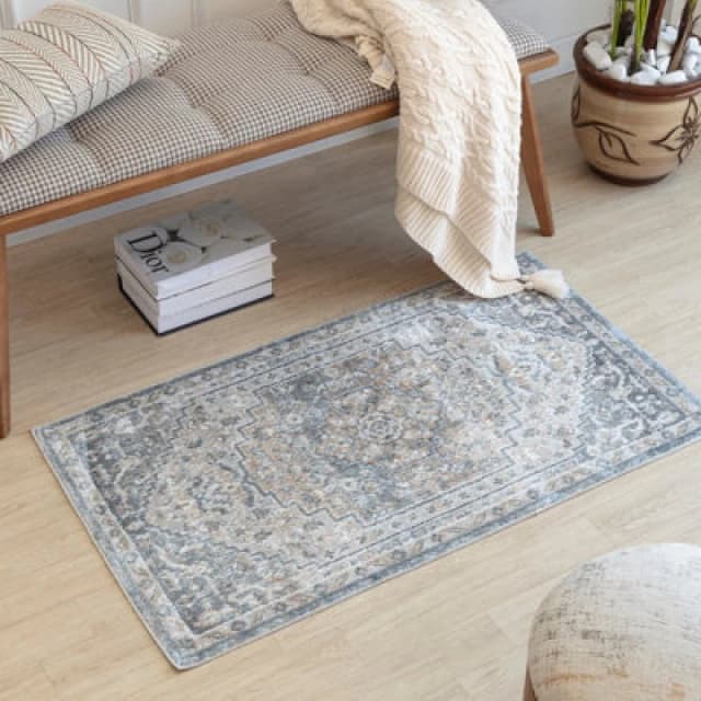 Livabliss Machine Washable Oriental Boho Navy Blue Jennifer Area Rug 66 X 115cm - Easy Care, Non Shedding, Ideal For Living Room & Bedroom