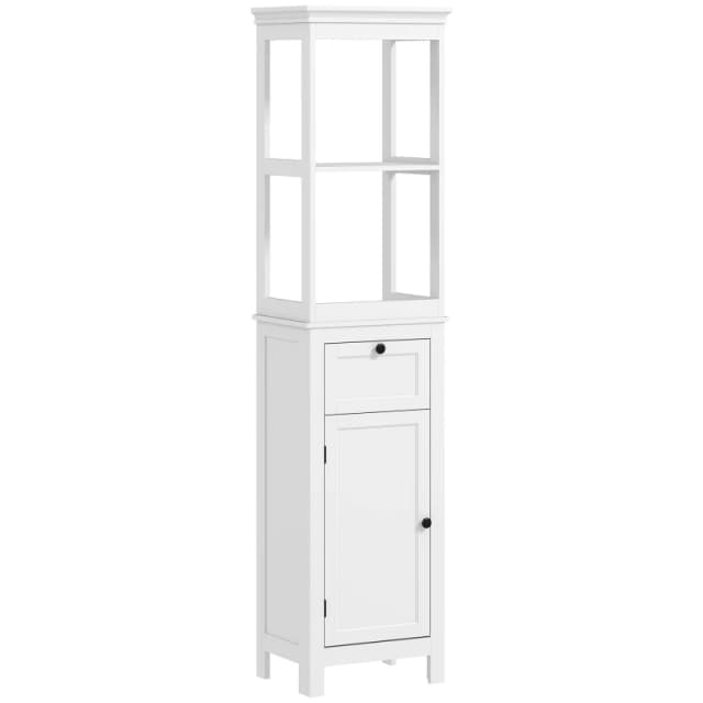 HOMCOM Slim Bathroom Storage Cabinet with Open Shelves and Drawer, White White