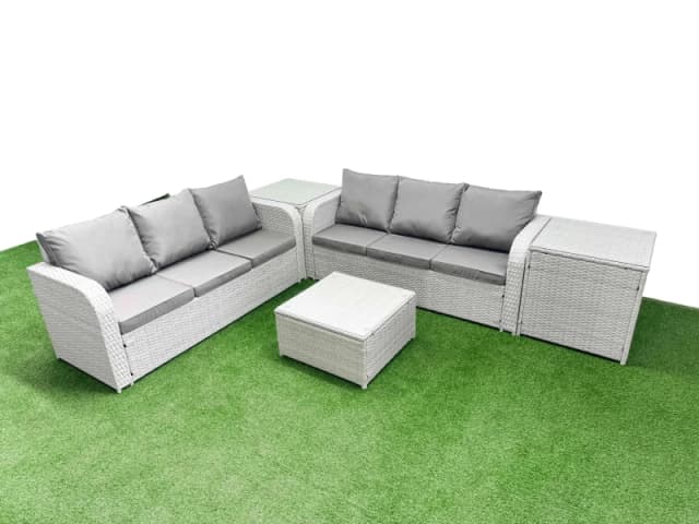 Fimous Outdoor Garden Furniture Sets 6 Seater Wicker Rattan Furniture Sofa Sets with Square Coffee Table high Back Lounge Sofa 2 Side Table Light Grey