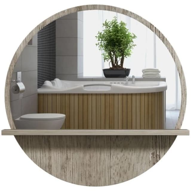 Kleankin Round Mirror For Wall Makeup Mirror With Shelf Grey Wood Effect, Grey 834-604V00GY