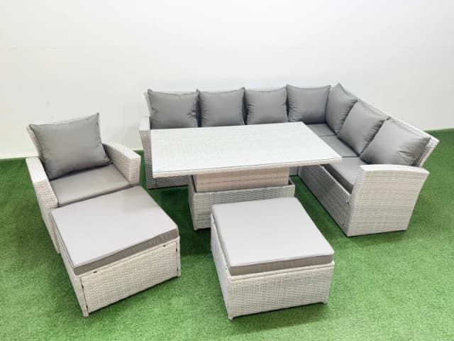 Fimous 9 Seat Rattan Garden Furniture Corner Sofa Set with 2 Big Footstools in Light Grey Light Grey Unisex