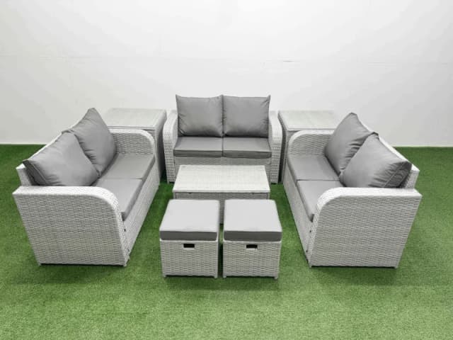 Fimous 8 Seater PE Wicker Rattan Furniture Sofa Sets with Rectangular Coffee Table 2 Seater Love Sofa 2 Stool 2 Side Table Light Grey Light Grey
