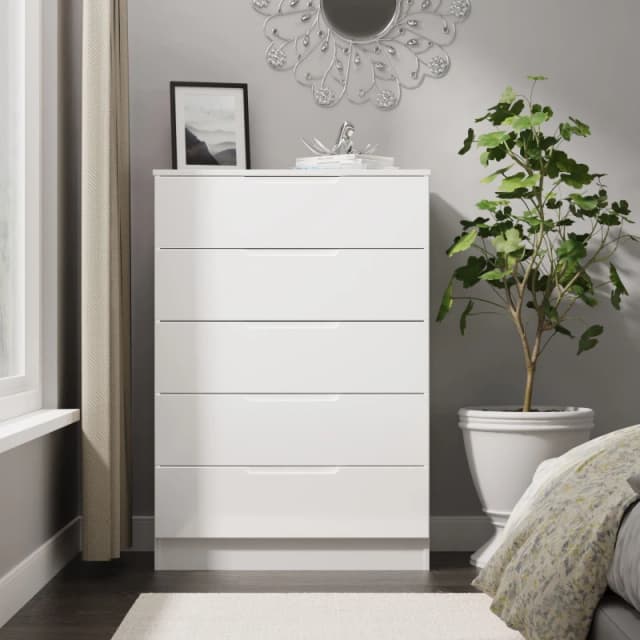 Welcome Furniture Ready Assembled Milan 5 Drawer Chest In White Gloss & White MIL012WGW