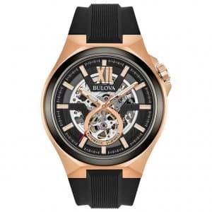 Bulova Mens Classic Automatic Rose Gold Black Strap Watch