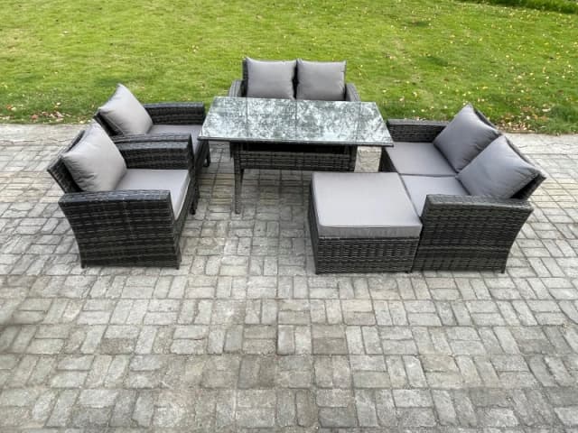 Fimous Rattan Garden Furniture Set 7 Seater Patio Outdoor Lounge Sofa Set with Oblong Dining Table Double Seat Sofa in Dark Grey Dark Grey Unisex
