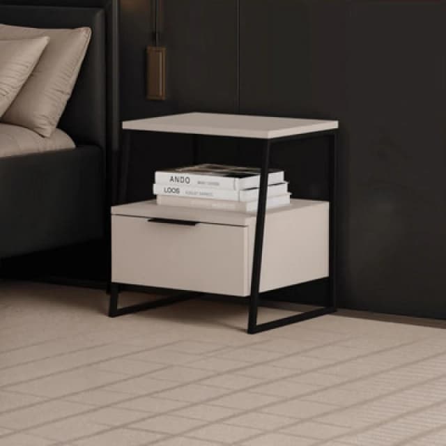 FWStyle FWStyle Sandstone 1 Drawer Bedside Table Nightstand Black Metal in Beige Beige One Size Unisex 5056413133182