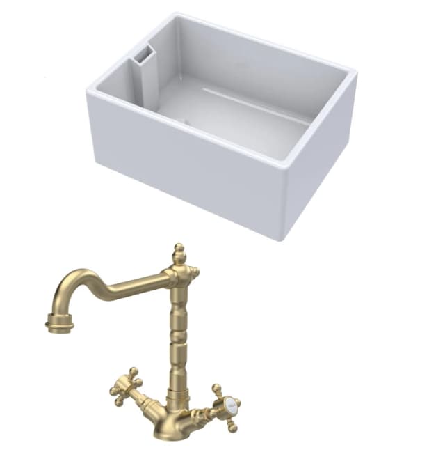 Balterley Fireclay 1 Bowl Belfast Sink Tap Brushed Brass 615mm White unisex
